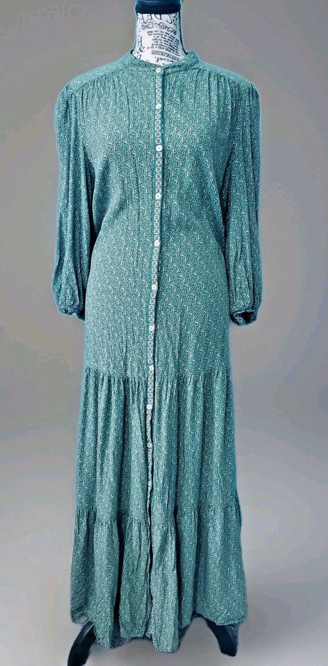 Max Studio Green Dot Print  Maxi Dress Sz L Boho Tiered Peasant Modest